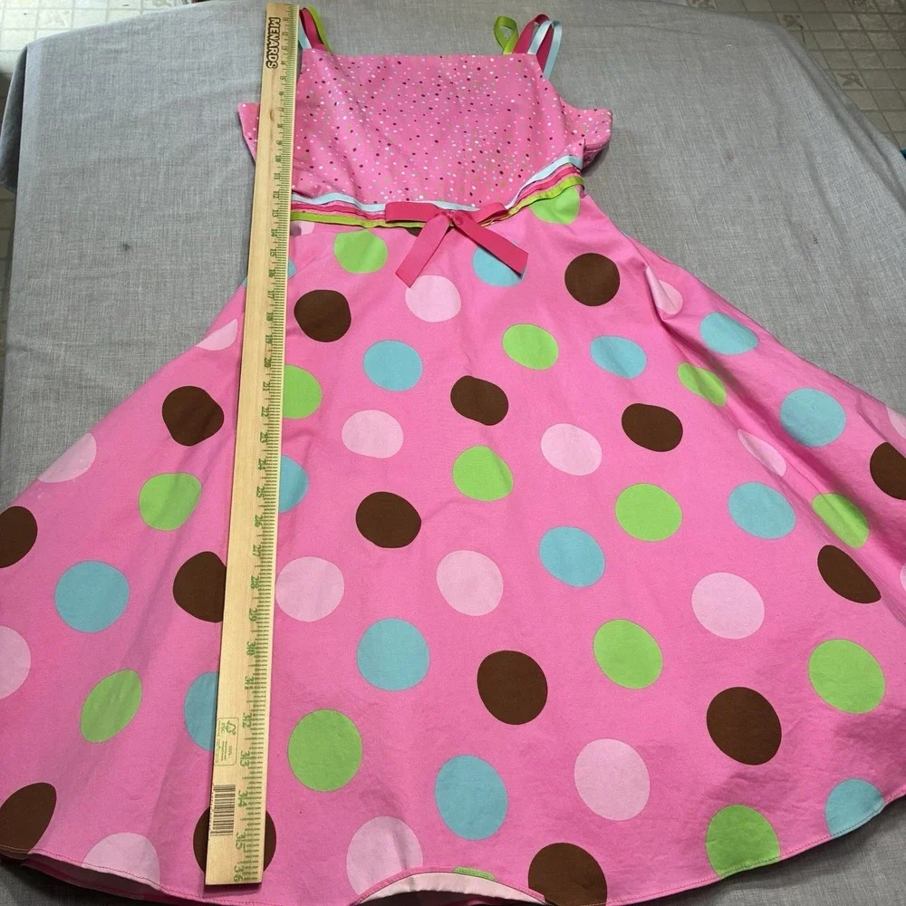 Rare Editions Girls 16 Pink Polka Dot Birthday Dress Lined Ribbon Straps & Ties
